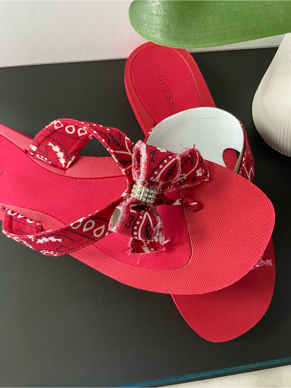 GUESS Red Bandana Bow Flip Flops with Crystal Accent